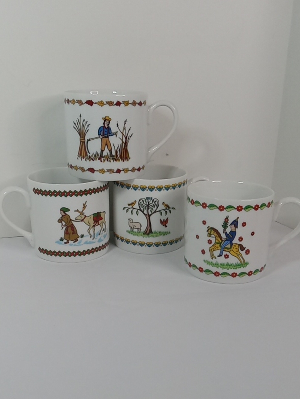 Sweedish Seasons Collection Gevalia Kaffe White Ceramic Folk Art Mugs - Set of 4